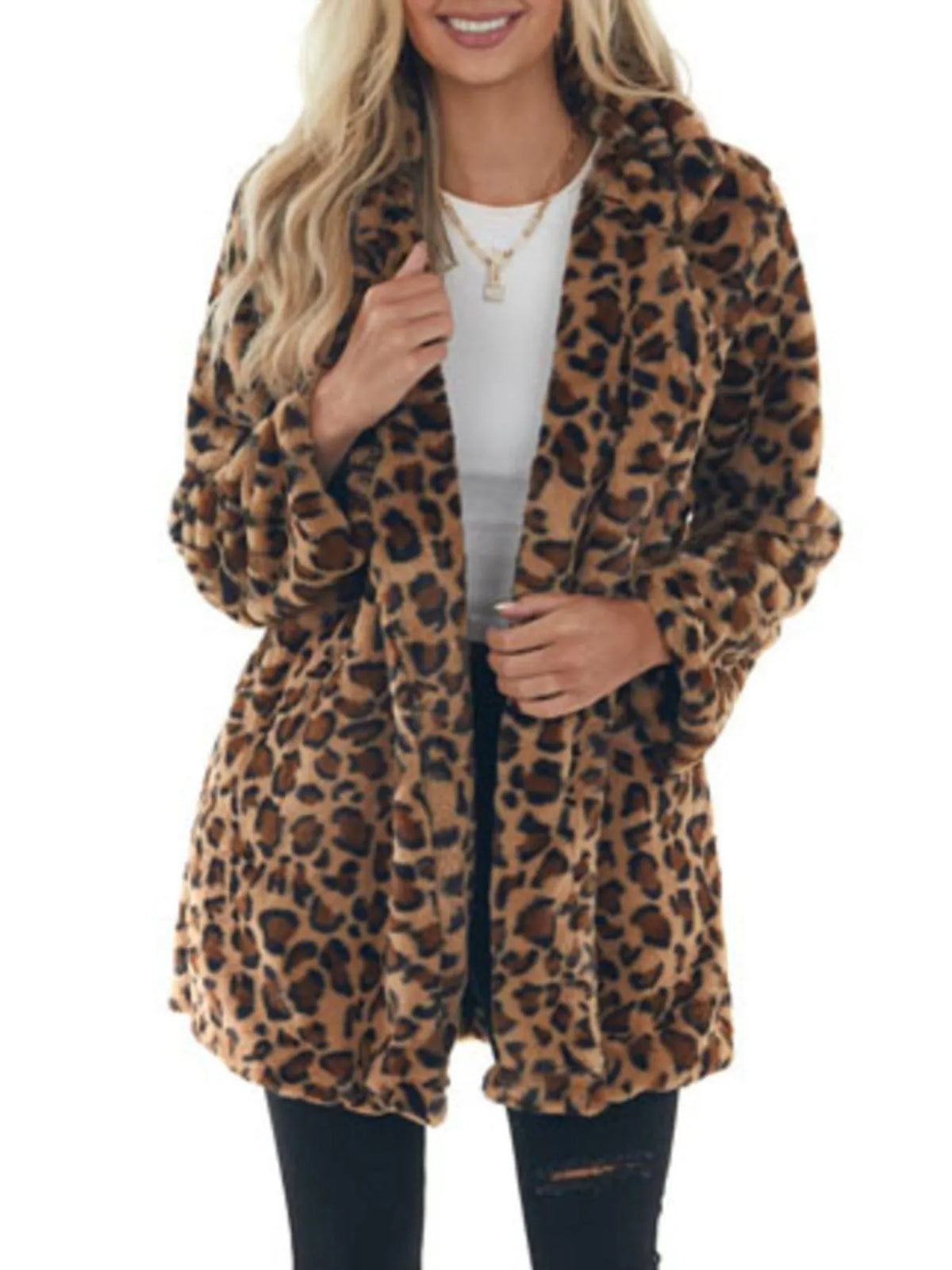 Full Size Leopard Open Front Outerwear Plus Size - Lilixa.store