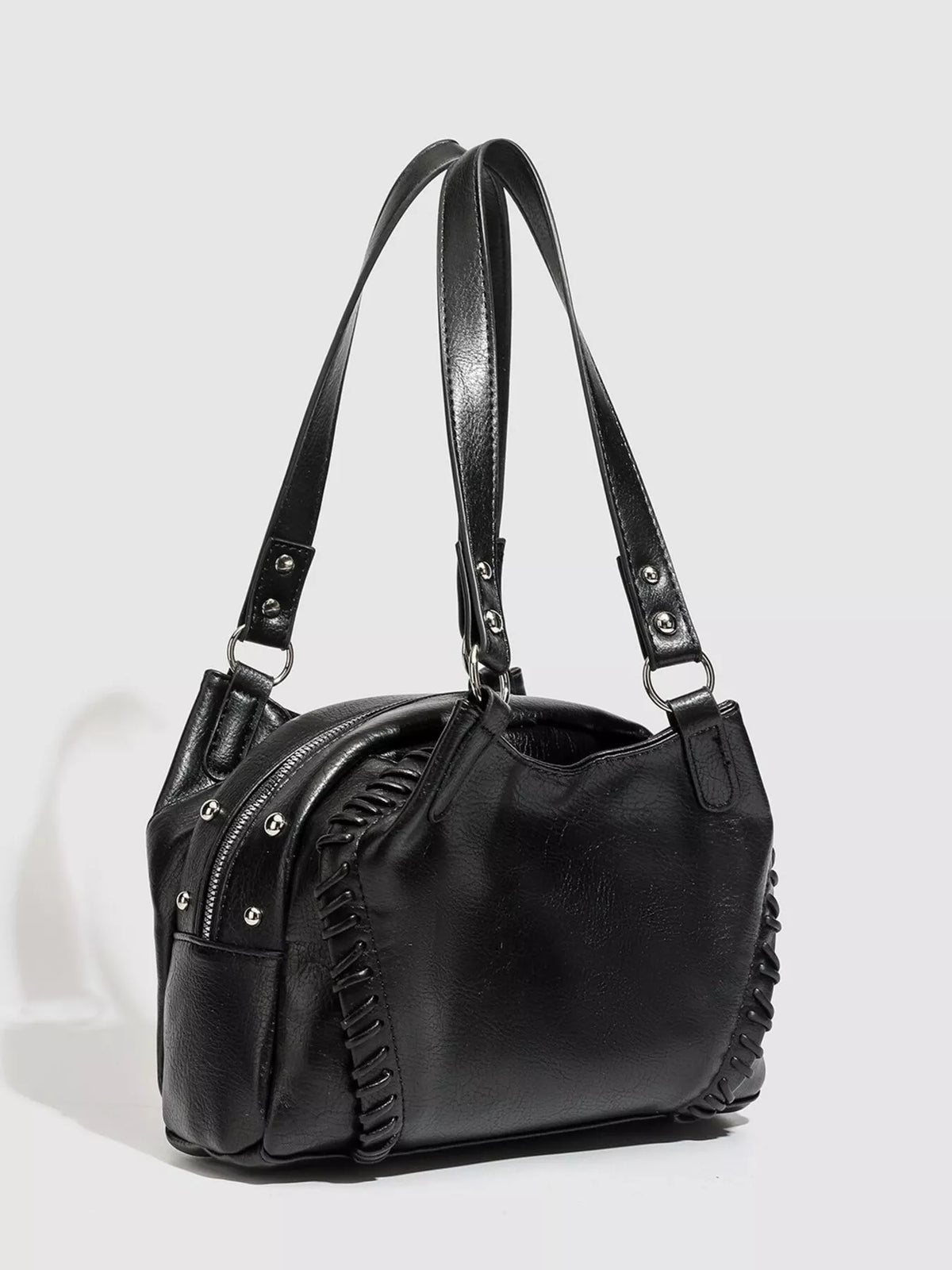 PU Leather Shoulder Bag with Woven Detail and Stud Accents in Black