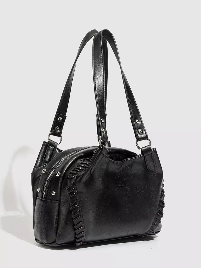 PU Leather Shoulder Bag with Woven Detail and Stud Accents in Black