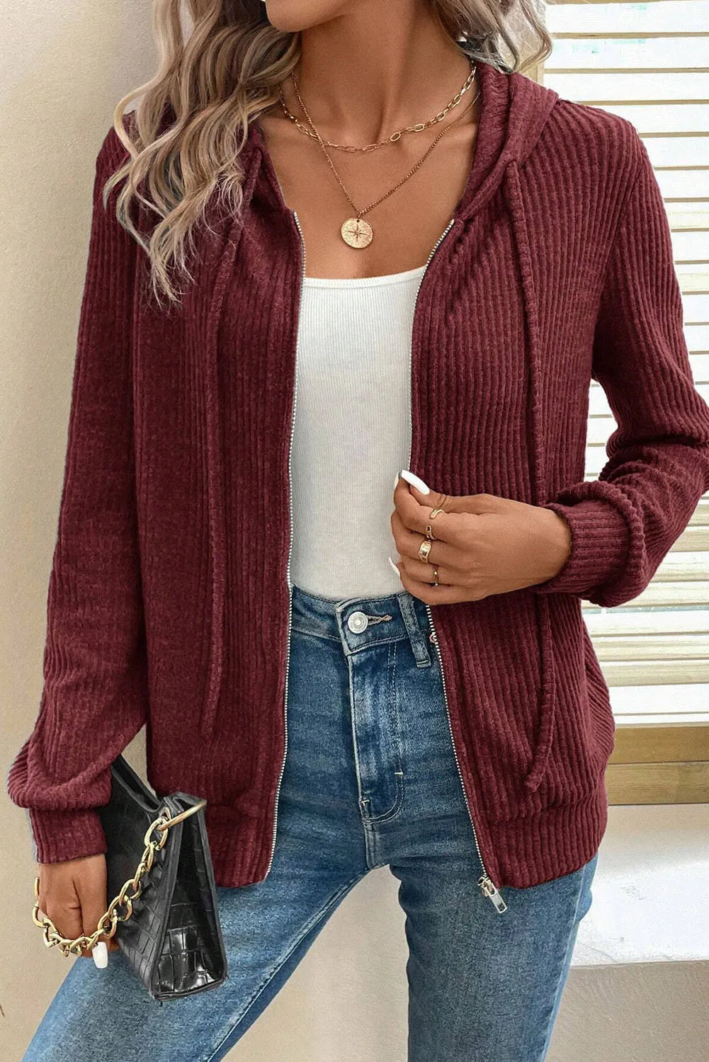 Drawstring Zip Up Long  Sleeve Hooded Jacket - Lilixa.store