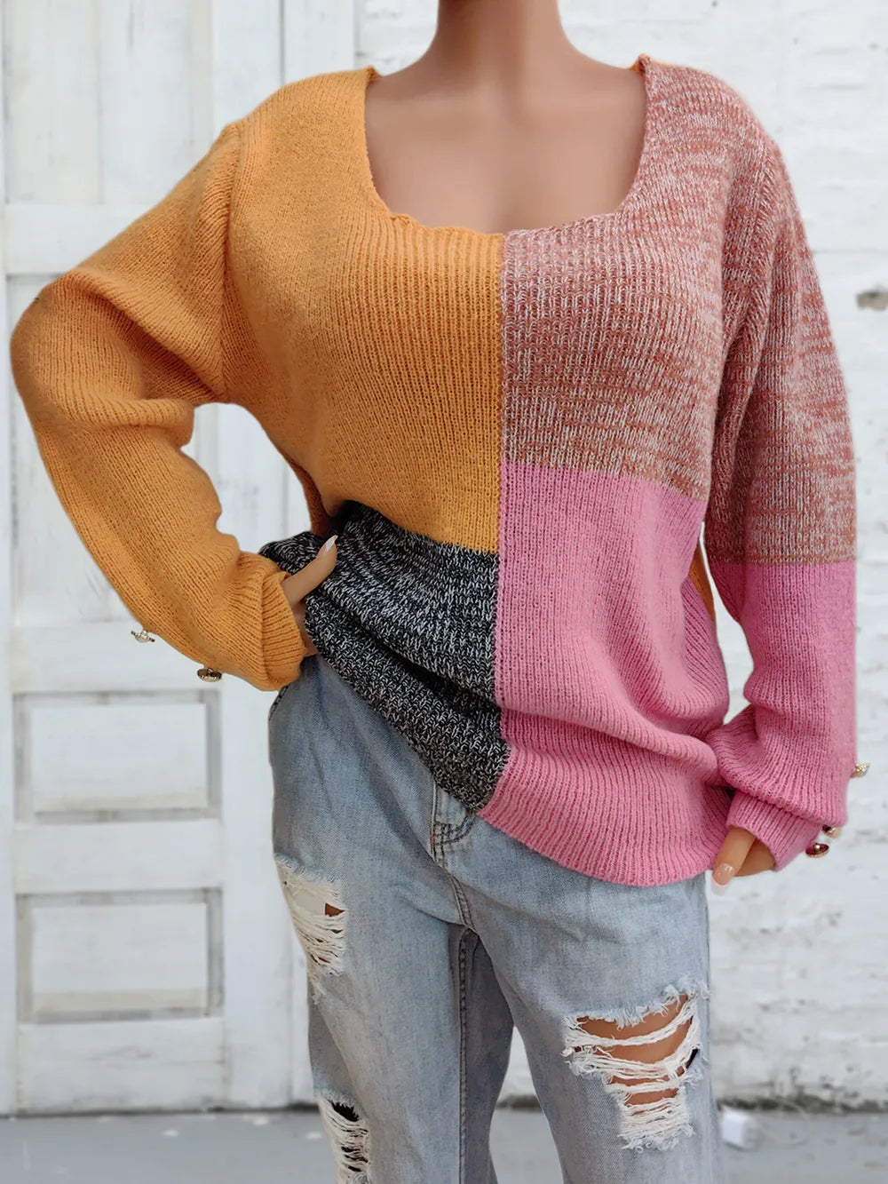 Color Block Decorative Button Long Sleeve Sweater in Sherbet, view 5