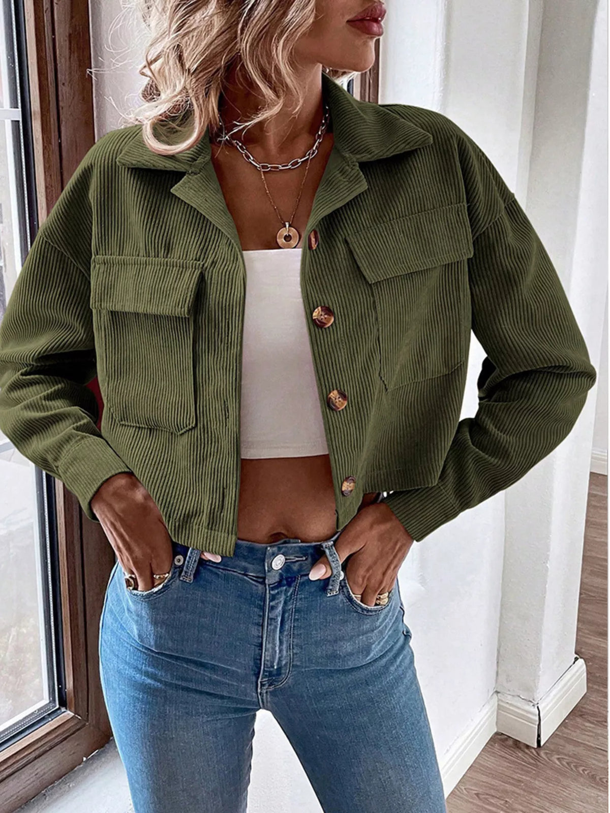 Cropped Corduroy Button-Down Jacket
