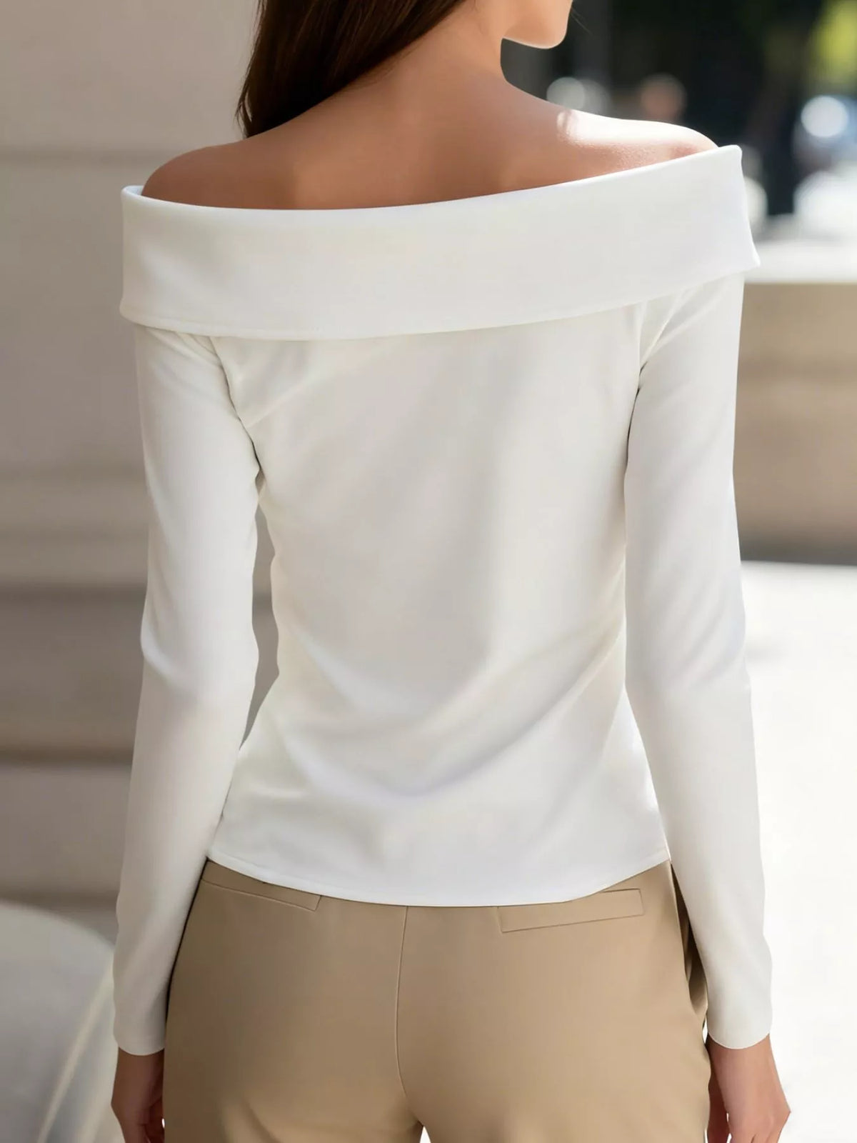 Elegant Off-the-Shoulder Blouse with Decorative Buttons, view 2