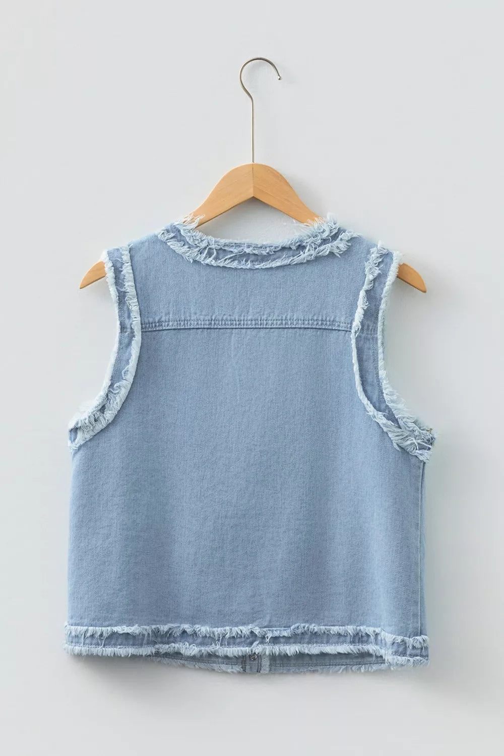 Frayed Edge Flap Pockets Denim Vest Jacket in Light Blue, view 8