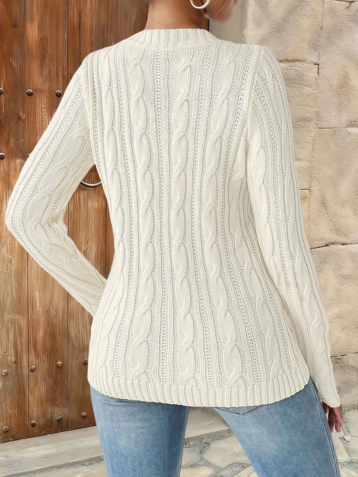 Strawberry Embellished Cable Knit Round Neck Sweater, view 3