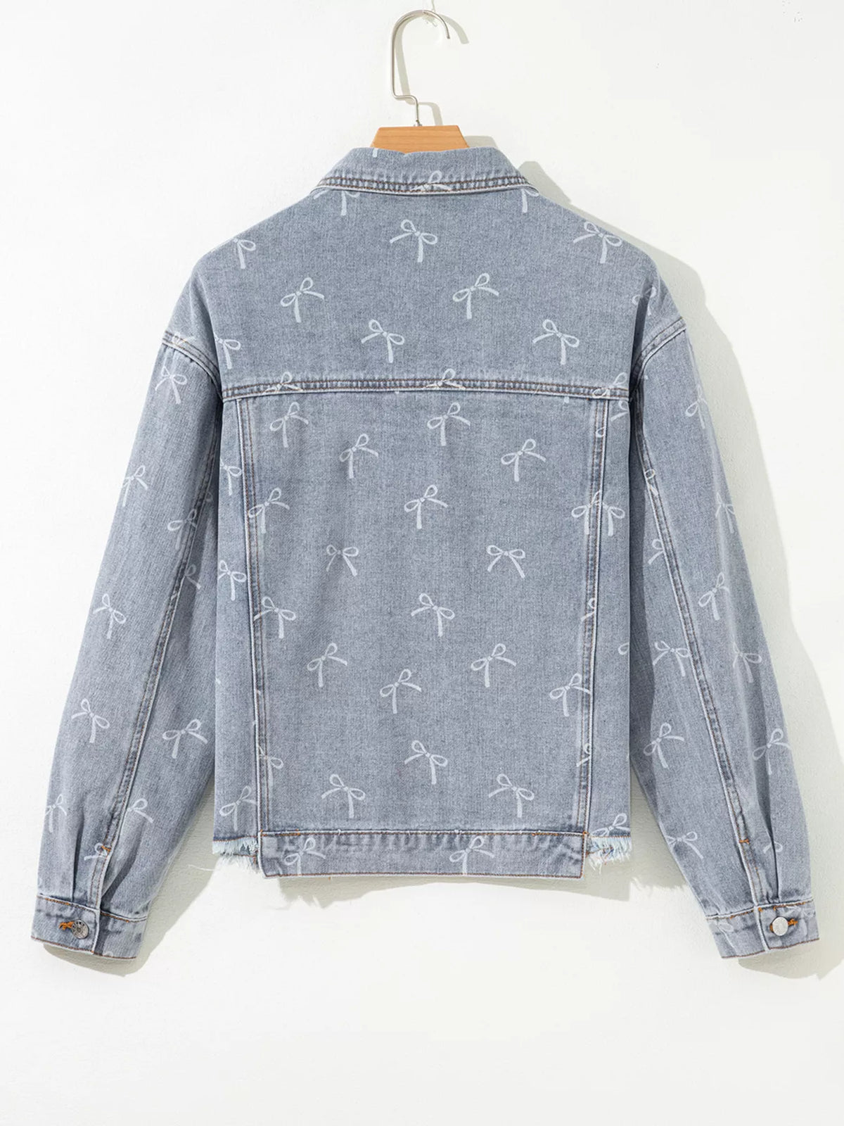 Bow Knot Print Light Wash Raw Hem Denim Jacket in Light Blue, view 7