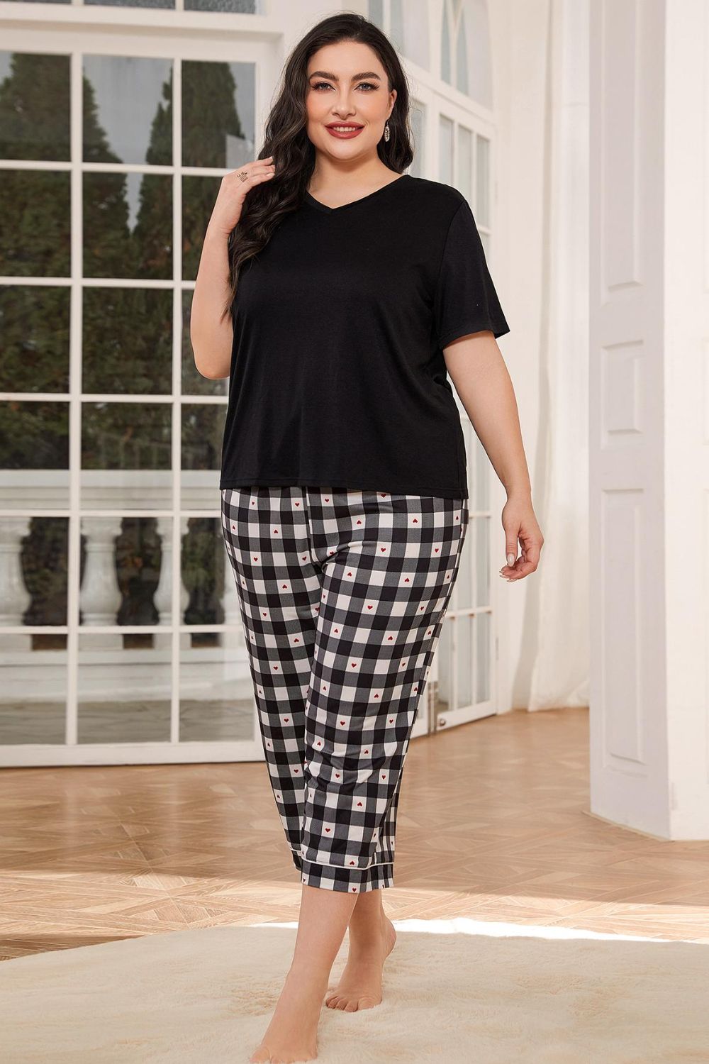 V-Neck Tee and Plaid Cropped Pants Lounge Set - Lilixa.store