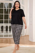 V-Neck Tee and Plaid Cropped Pants Lounge Set - Lilixa.store