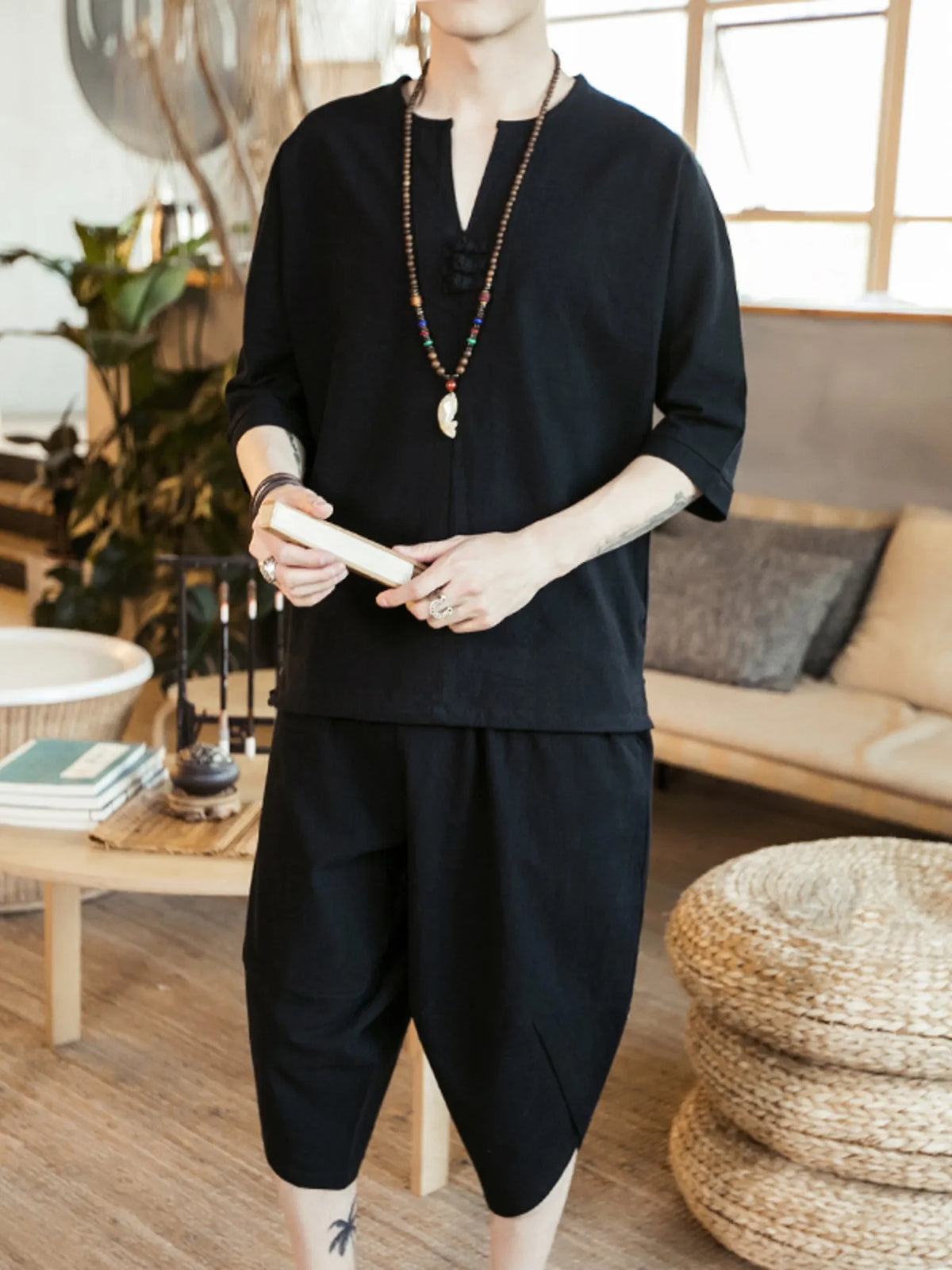 Men's Plus Size Notched Half Sleeve Top and Cropped Pants Set in Black