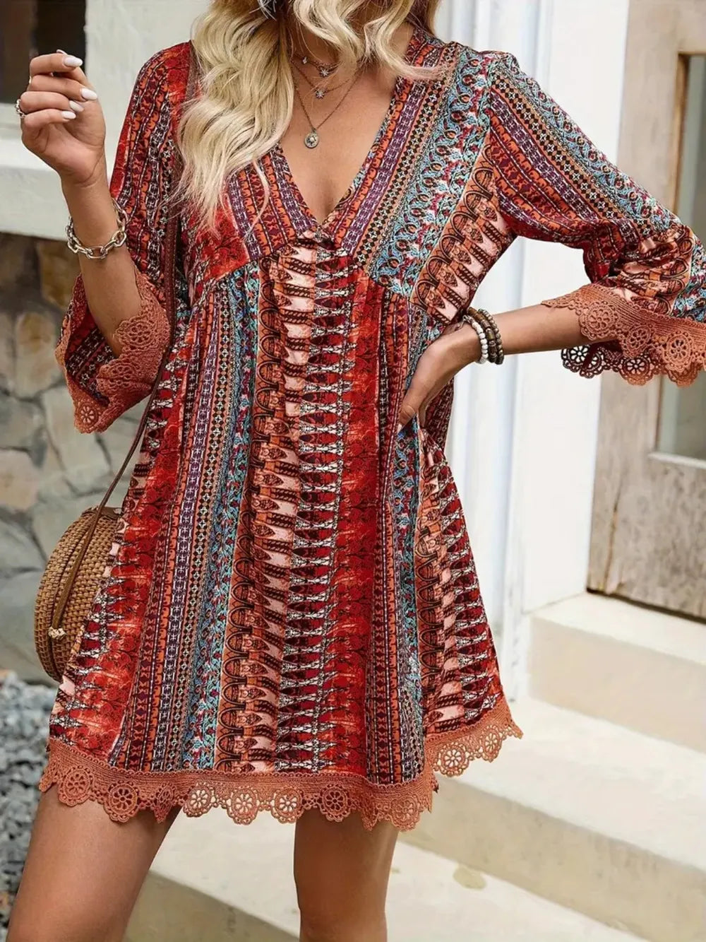 Lace Trim Printed V-Neck 3/4 Sleeve Dress - Lilixa.store