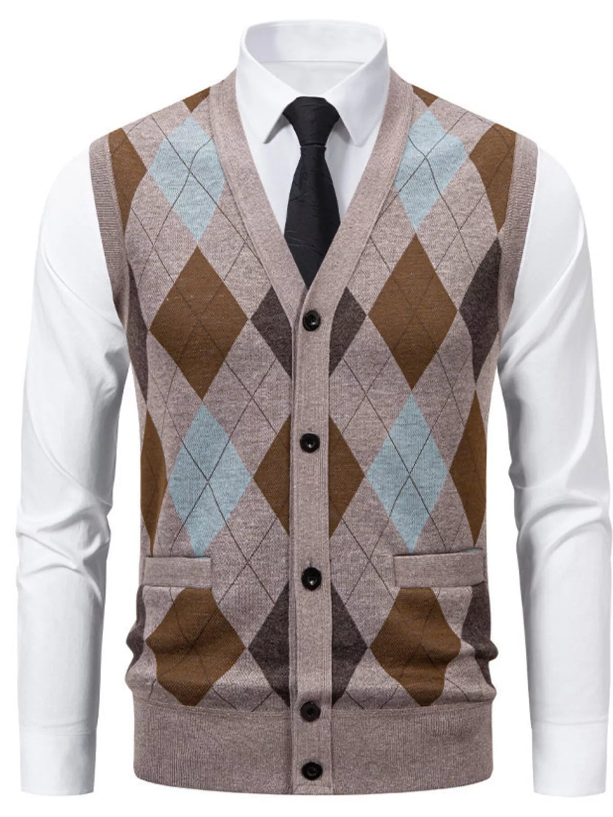 Men's Plus Size Argyle Pattern V-Neck Button-Down Cardigan Vest - Lilixa.store
