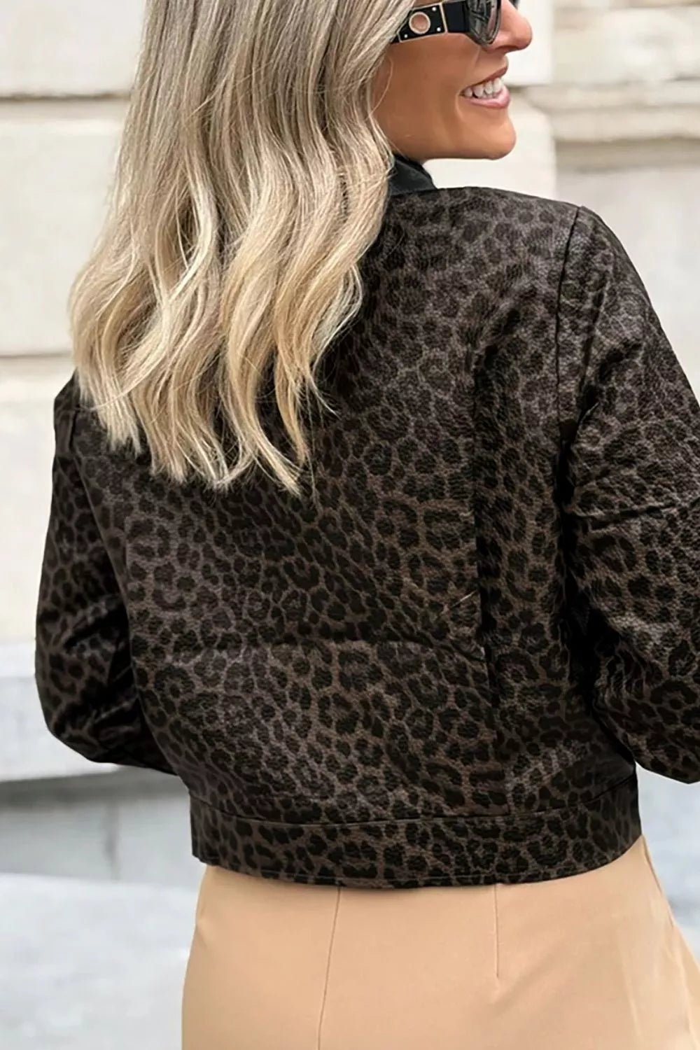Leopard Print Cropped Faux Leather Jacket with Utility Pockets - Lilixa.store