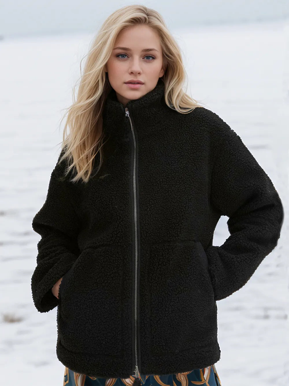 Turtleneck Zip Up Long Sleeve Plush Jacket in Black
