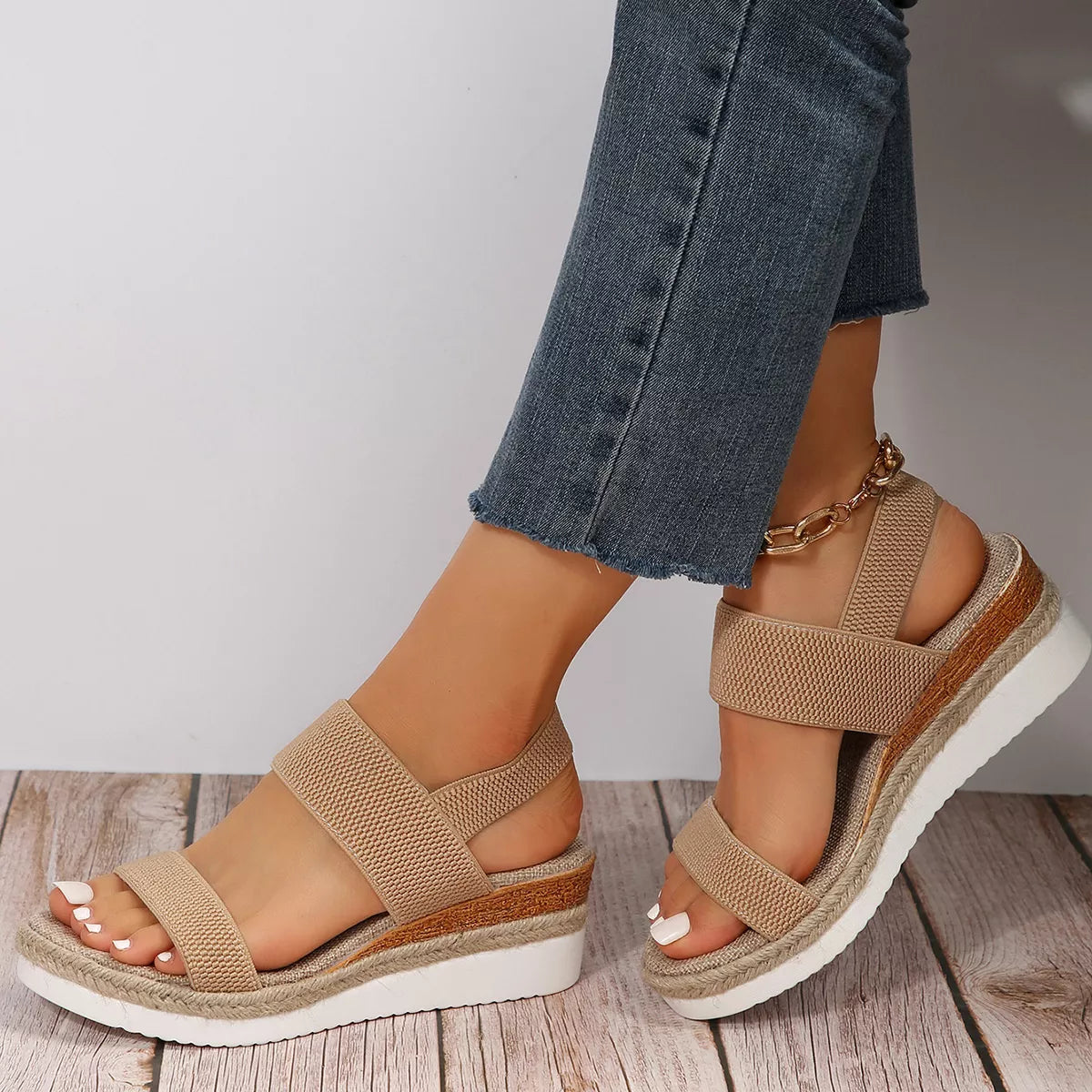 Open Toe Wedge Sandals in Khaki