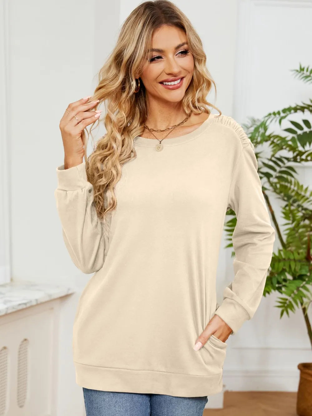 Ruched Shoulder Round Neck Long Sleeve Sweatshirt - Lilixa.store