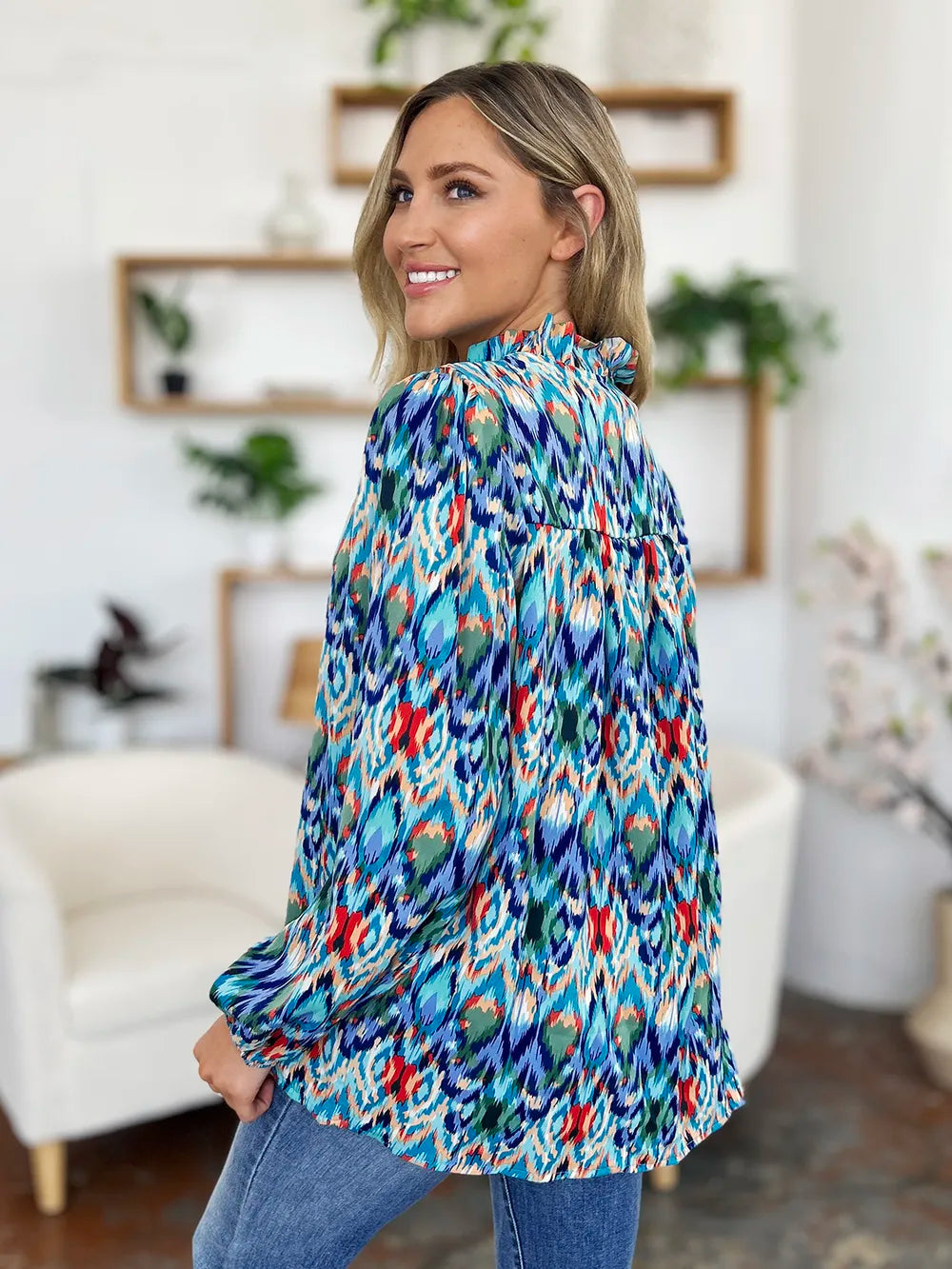 Double Take Full Size Printed Balloon Sleeve Blouse - Lilixa.store