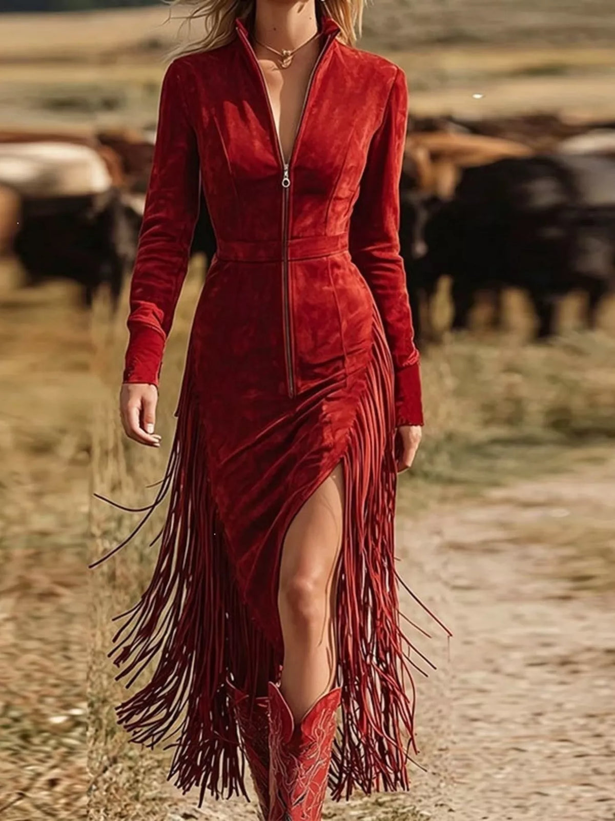 Fringe Zip-Front Midi Dress in Red