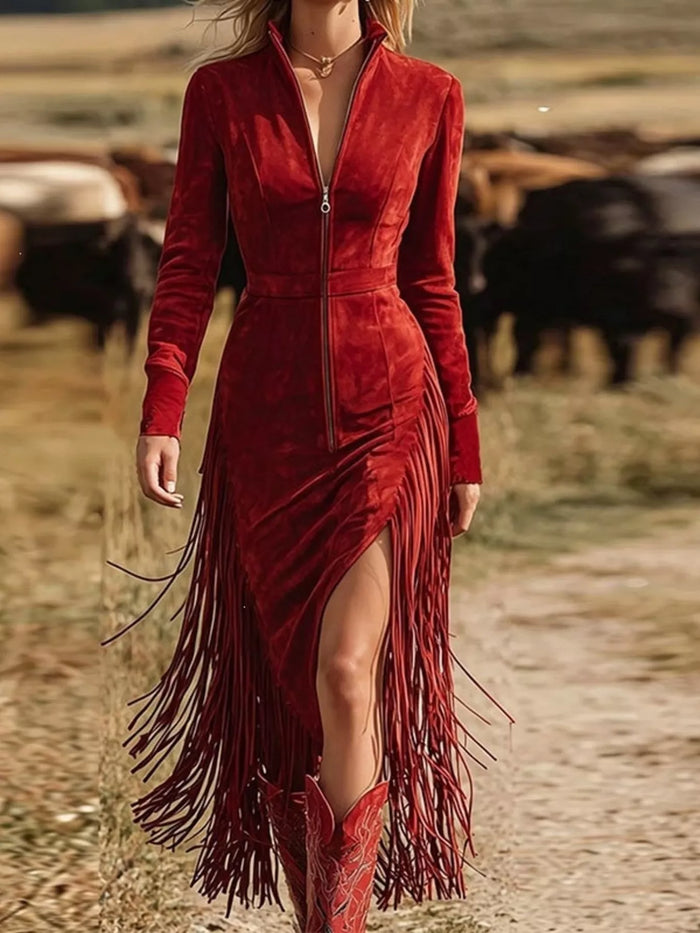 Fringe Zip-Front Midi Dress in Red