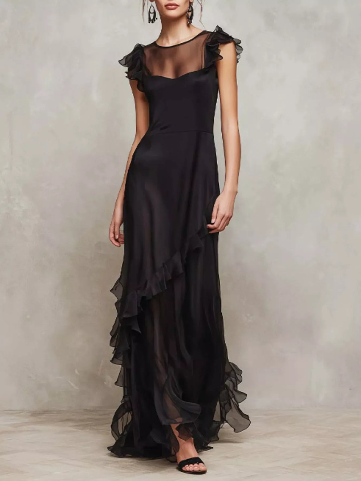 Sheer Ruffle Trim Maxi Dress - Lilixa.store