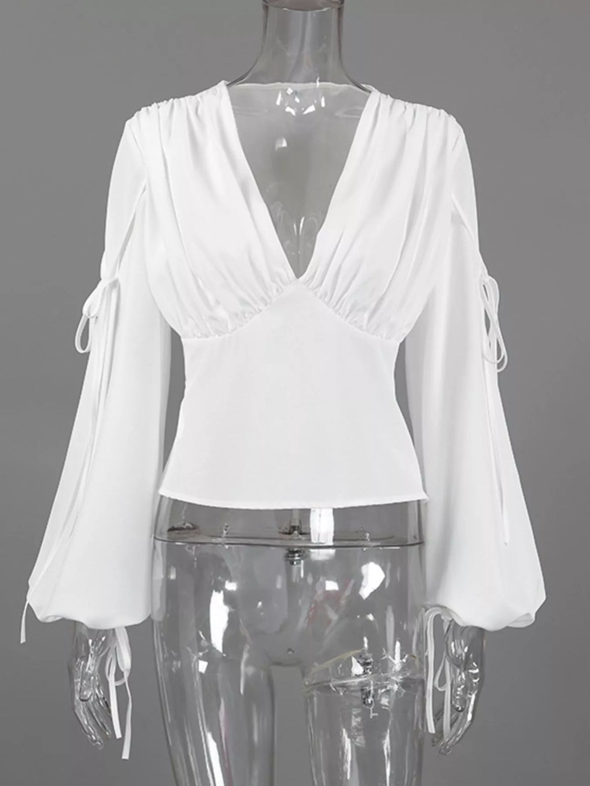Tied V-Neck Balloon Sleeve Blouse in White, view 8