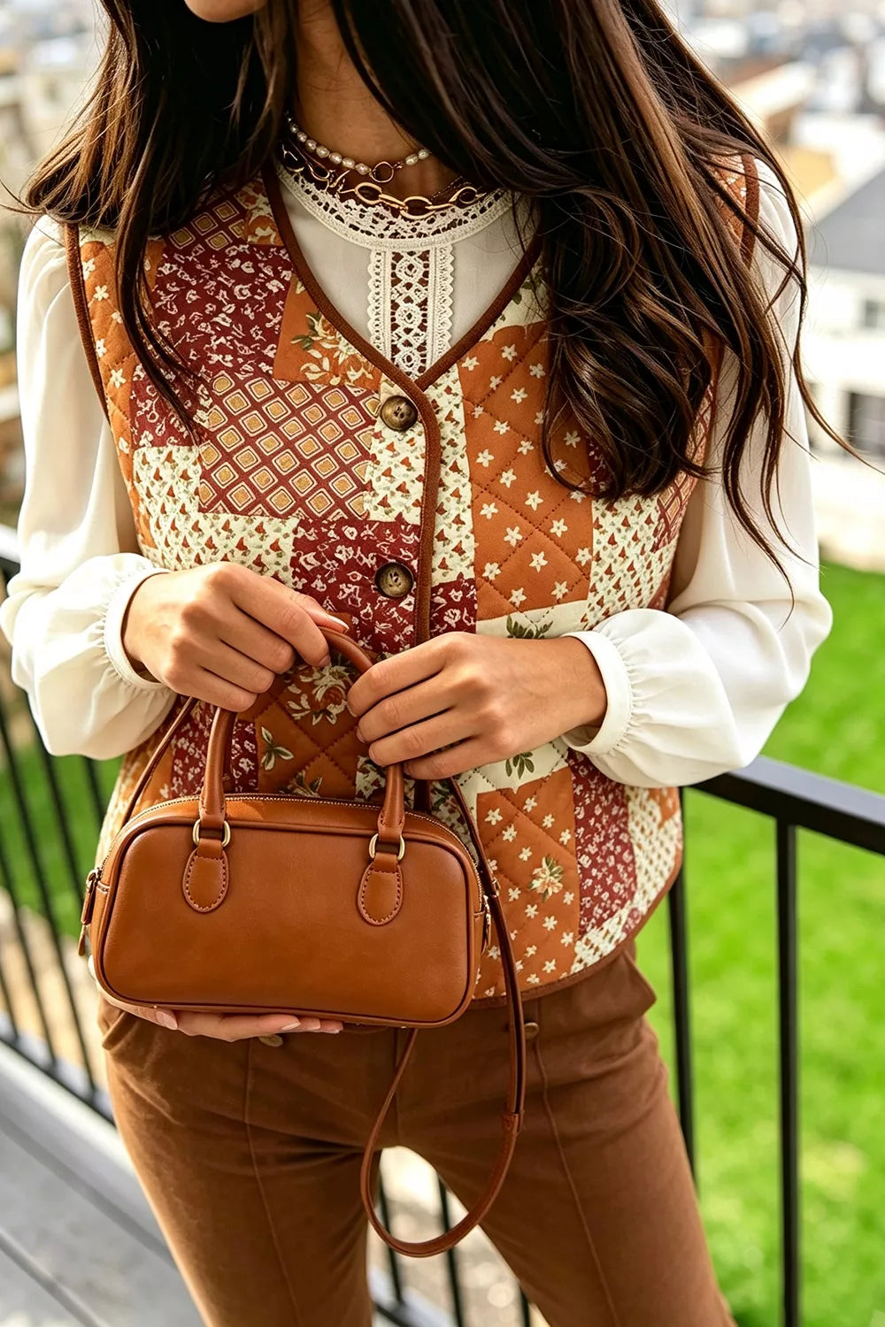 Fleece Quilted Floral Patchwork Contrast Trim V Neck Button Vest - Lilixa.store