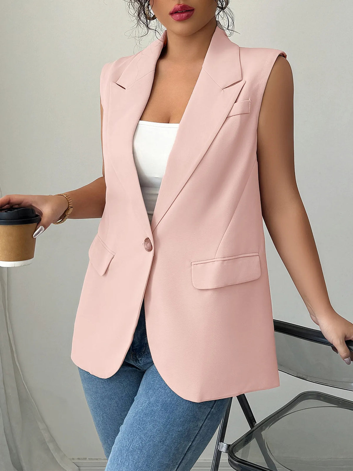 One Button V-Neck Blazer Vest Coat in Pink