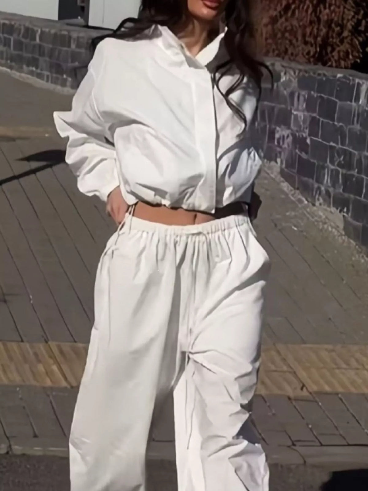 Drawstring Hem Crop Jacket and Wide-Leg Pant Set in White
