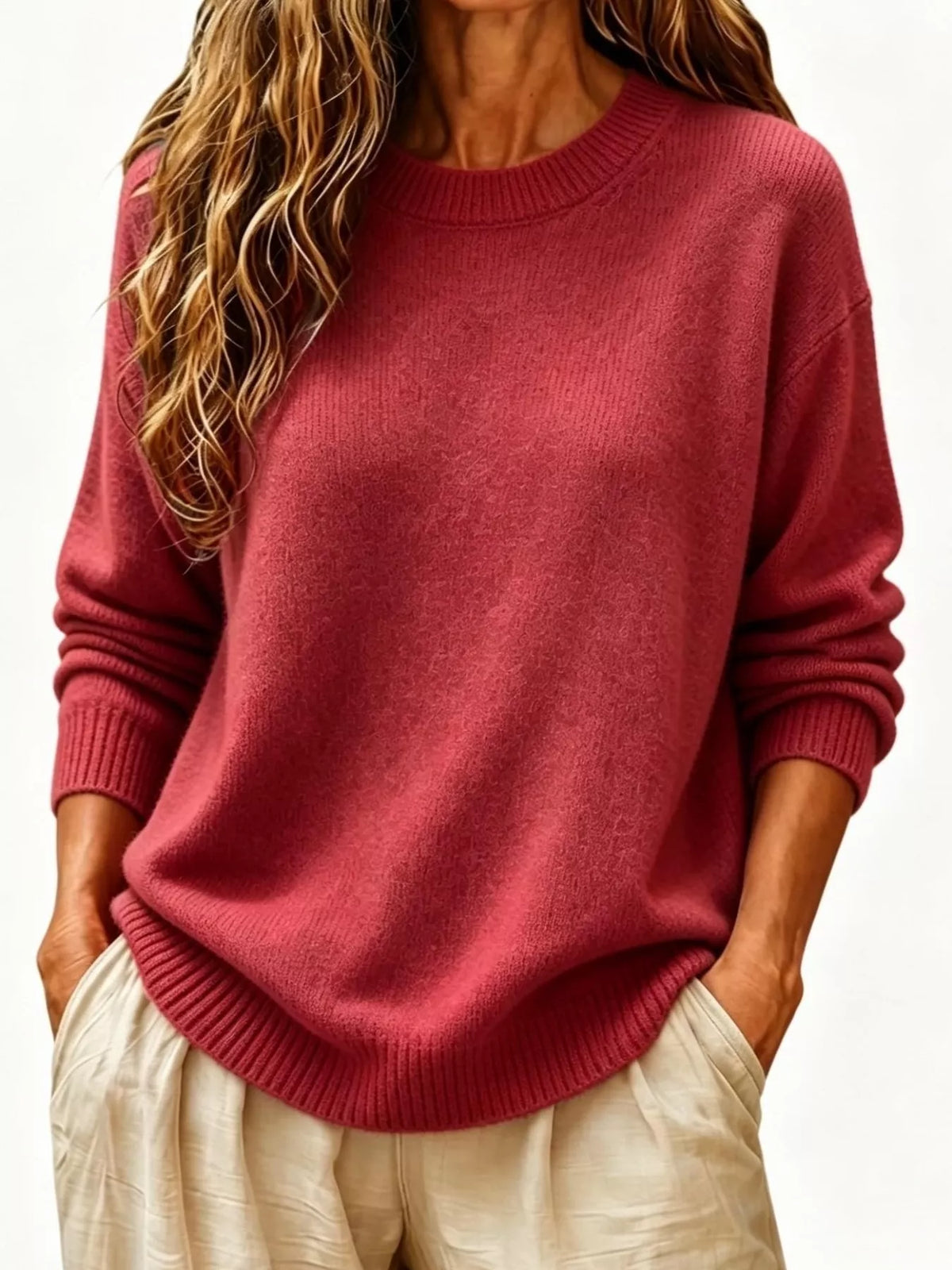 Full Size Round Neck Dropped Shoulder Sweater Plus Size - Lilixa.store