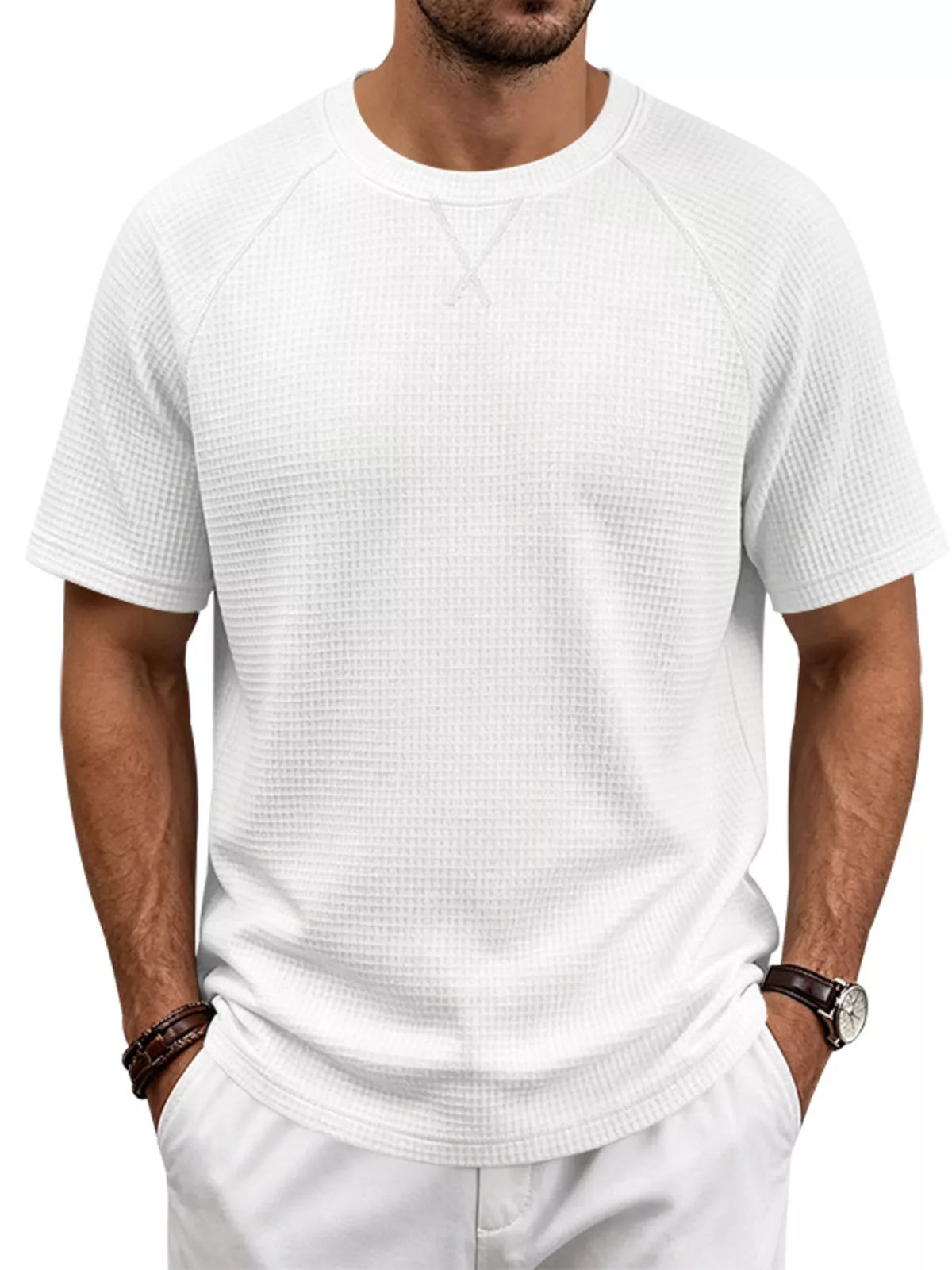 Men's Full Size Waffle Knit Raglan Short Sleeve T-Shirt Plus Size - Lilixa.store