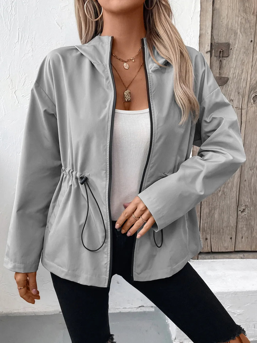 Ivy Lane Drawstring Zip Up Hooded Jacket in Gray