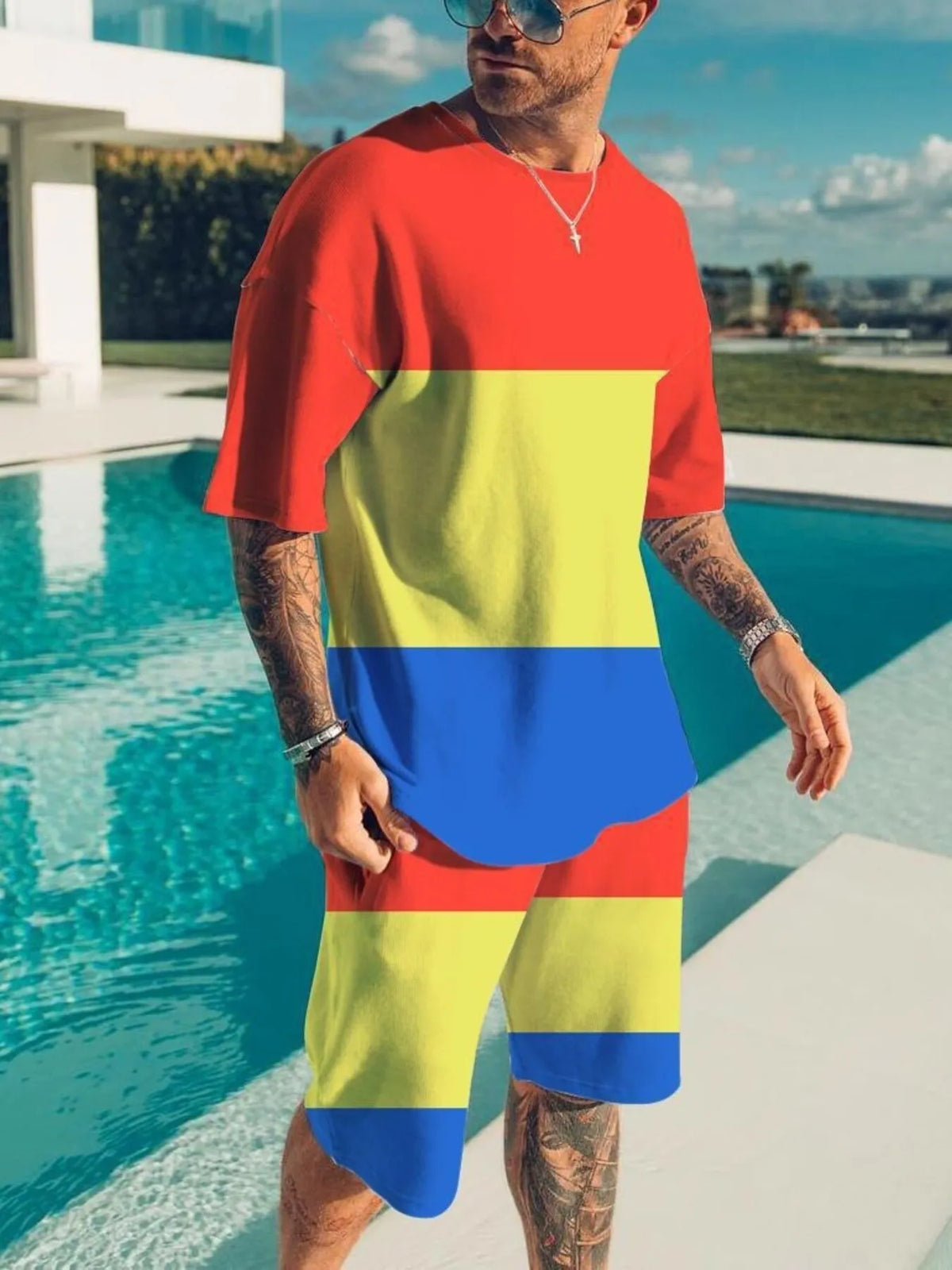 Men's Full Size Color Block Tee and Shorts Set Plus Size - Lilixa.store
