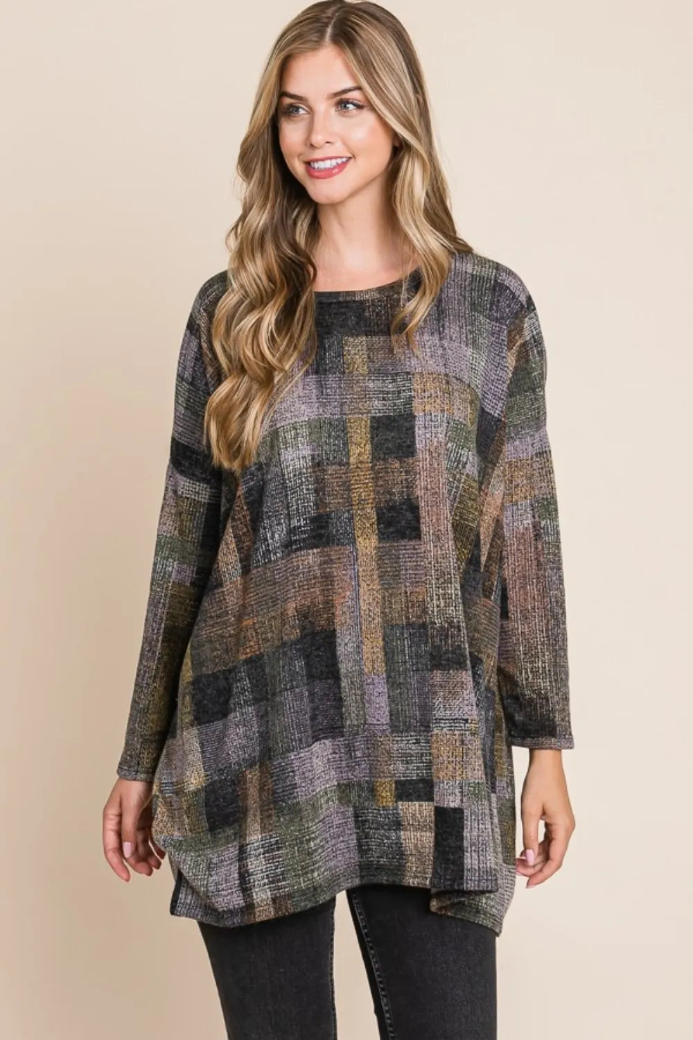 BOMBOM Plaid Round Neck Long Sleeve Top - Lilixa.store