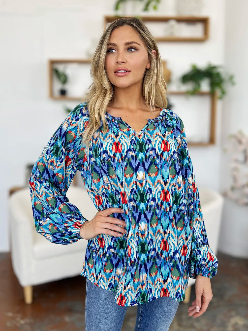 Double Take Full Size Printed Balloon Sleeve Blouse - Lilixa.store