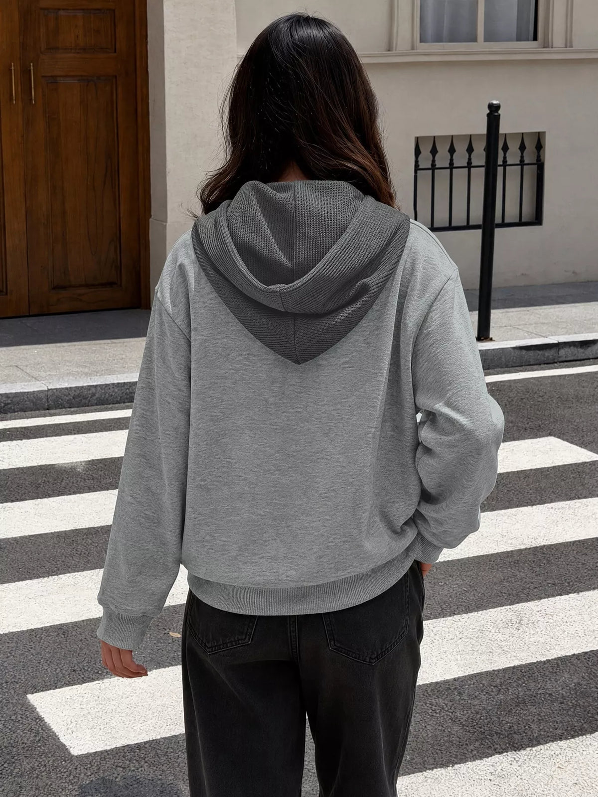 Dropped Shoulder Long Sleeve Hoodie in Gray, view 5