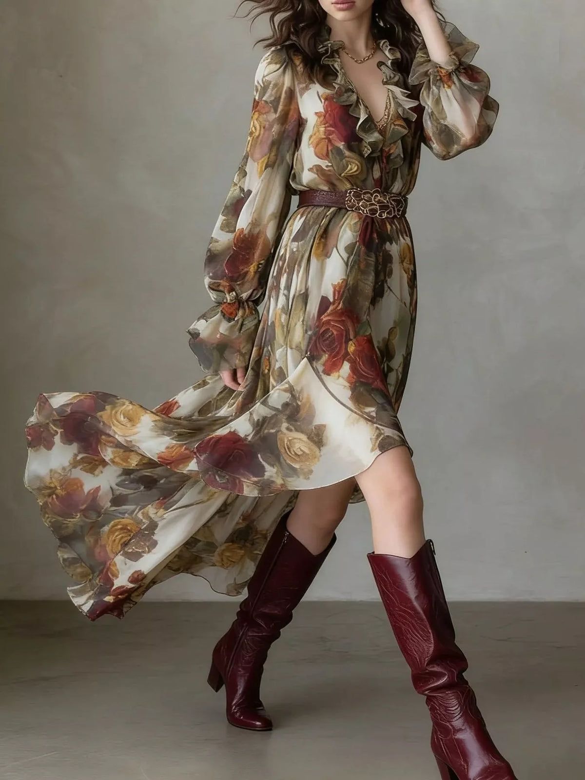 Floral Print Ruffle Trim High-Low Chiffon Maxi Dress
