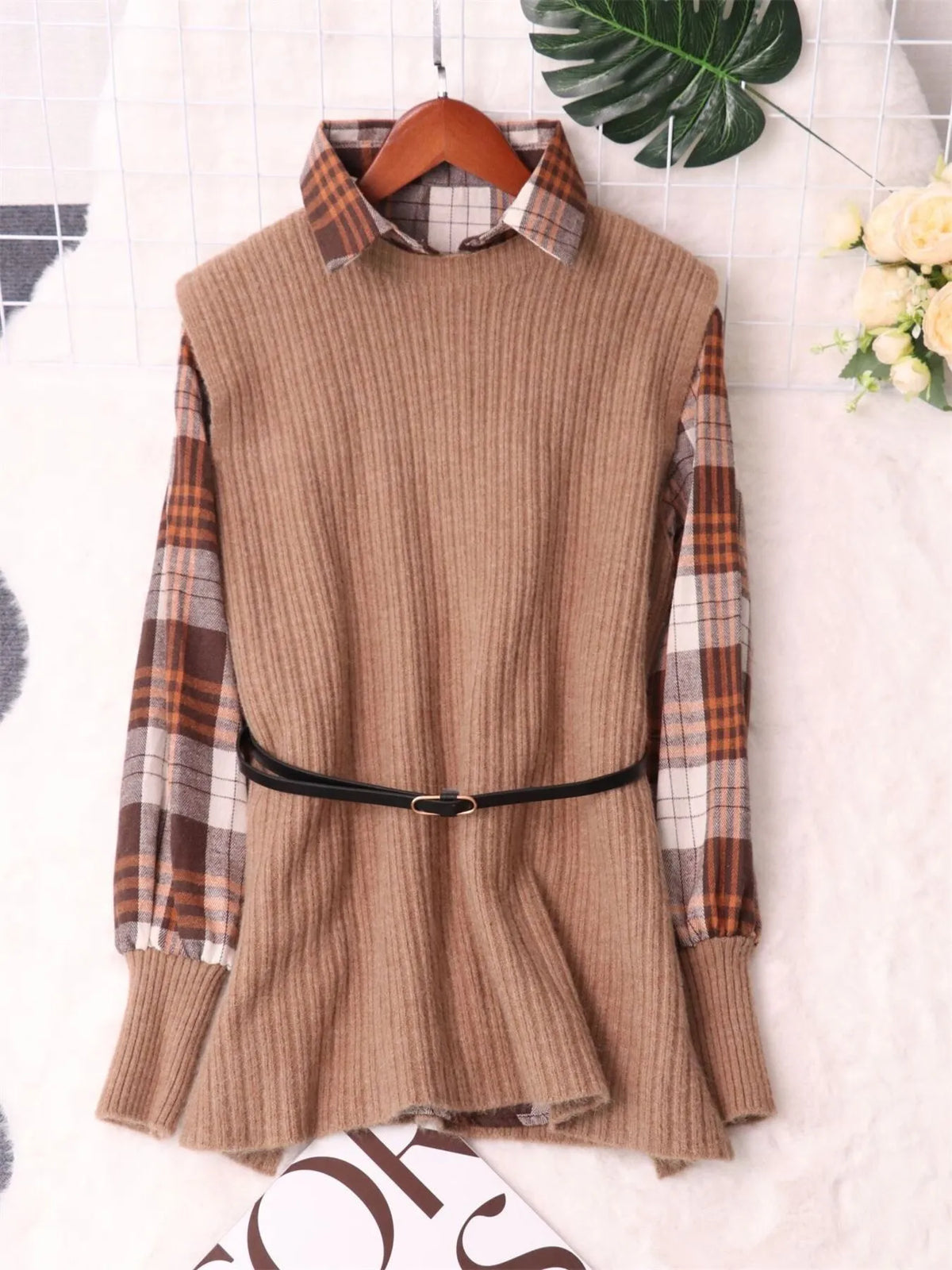 Plaid Long Sleeve Sweater Dress in Brown