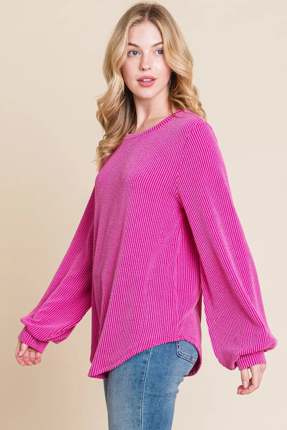 BOMBOM Long Sleeve Curved Hem Ribbed T-Shirt - Lilixa.store