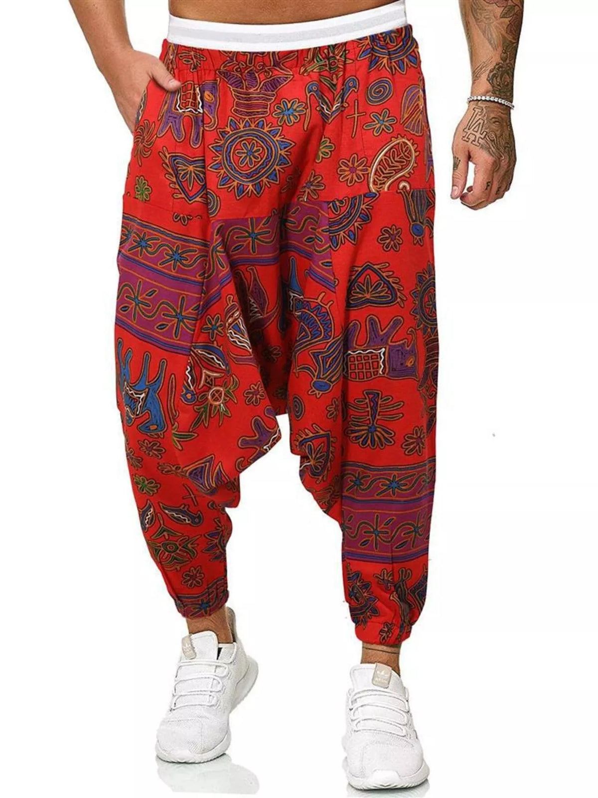 Men's Plus Size Bohemian Print Harem Pants in Red