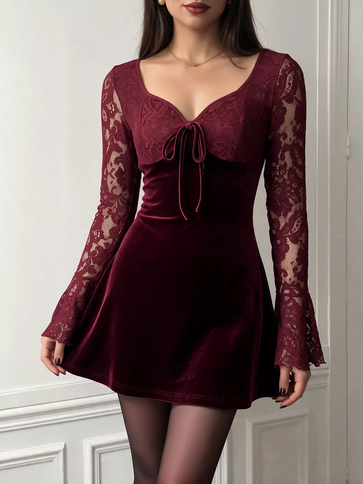 Lace Flare Sleeve Mini Dress in Burgundy, view 2