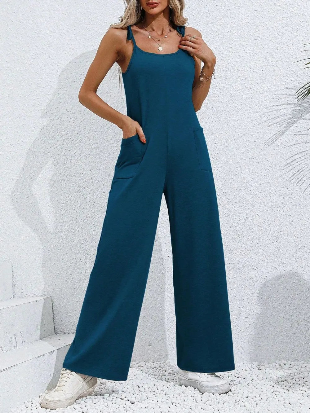 Scoop Neck Tie Shoulder Jumpsuit - Lilixa.store