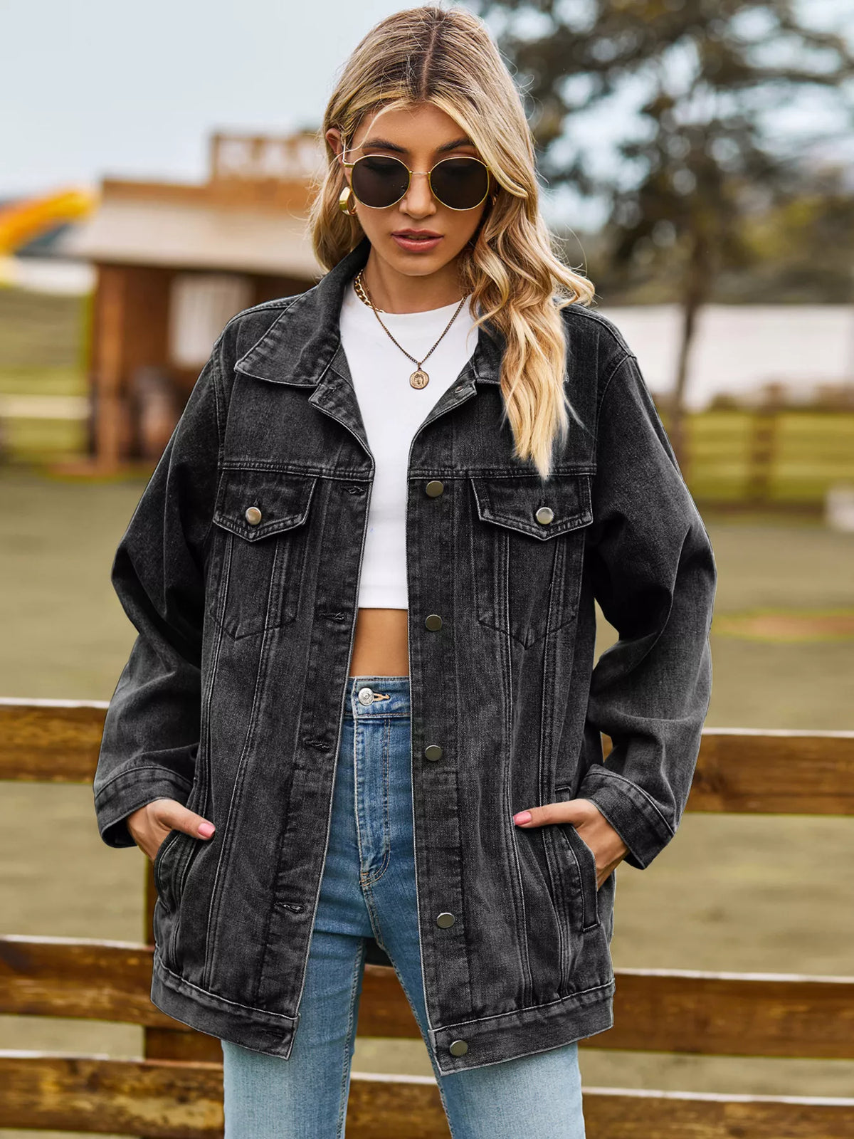Button Up Long Sleeve Denim Jacket in Black