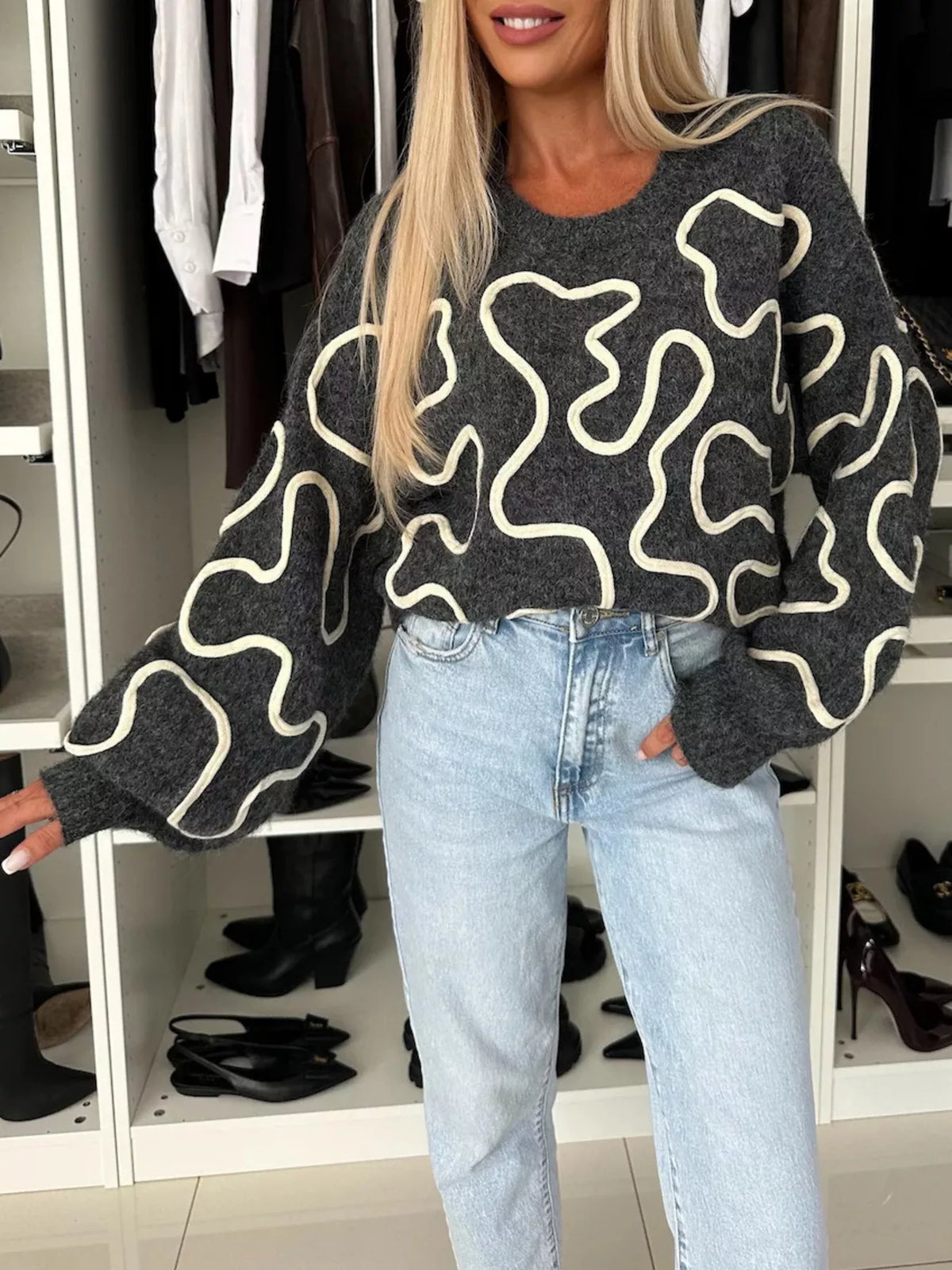 Abstract Pattern Oversized Round Neck Sweater in Dark Gray