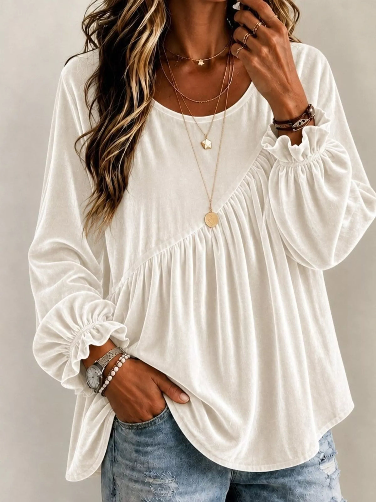 Full Size Velvet Round Neck Long Sleeve Blouse Plus Size - Lilixa.store