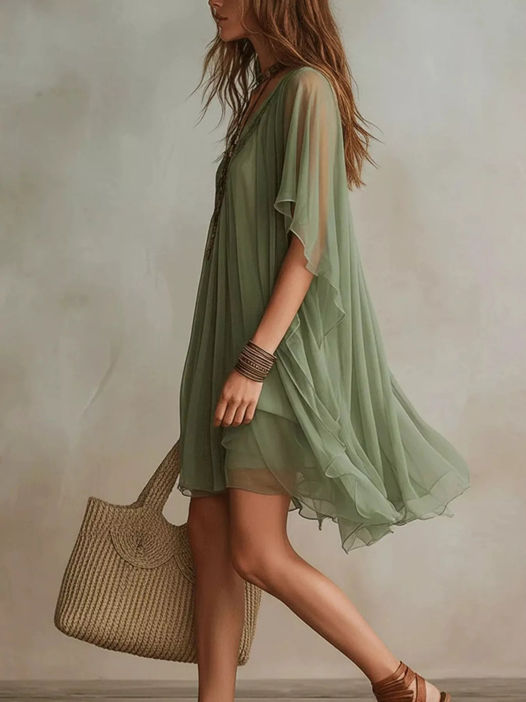 Chiffon V-Neck Flowy Mini Dress - Lilixa.store