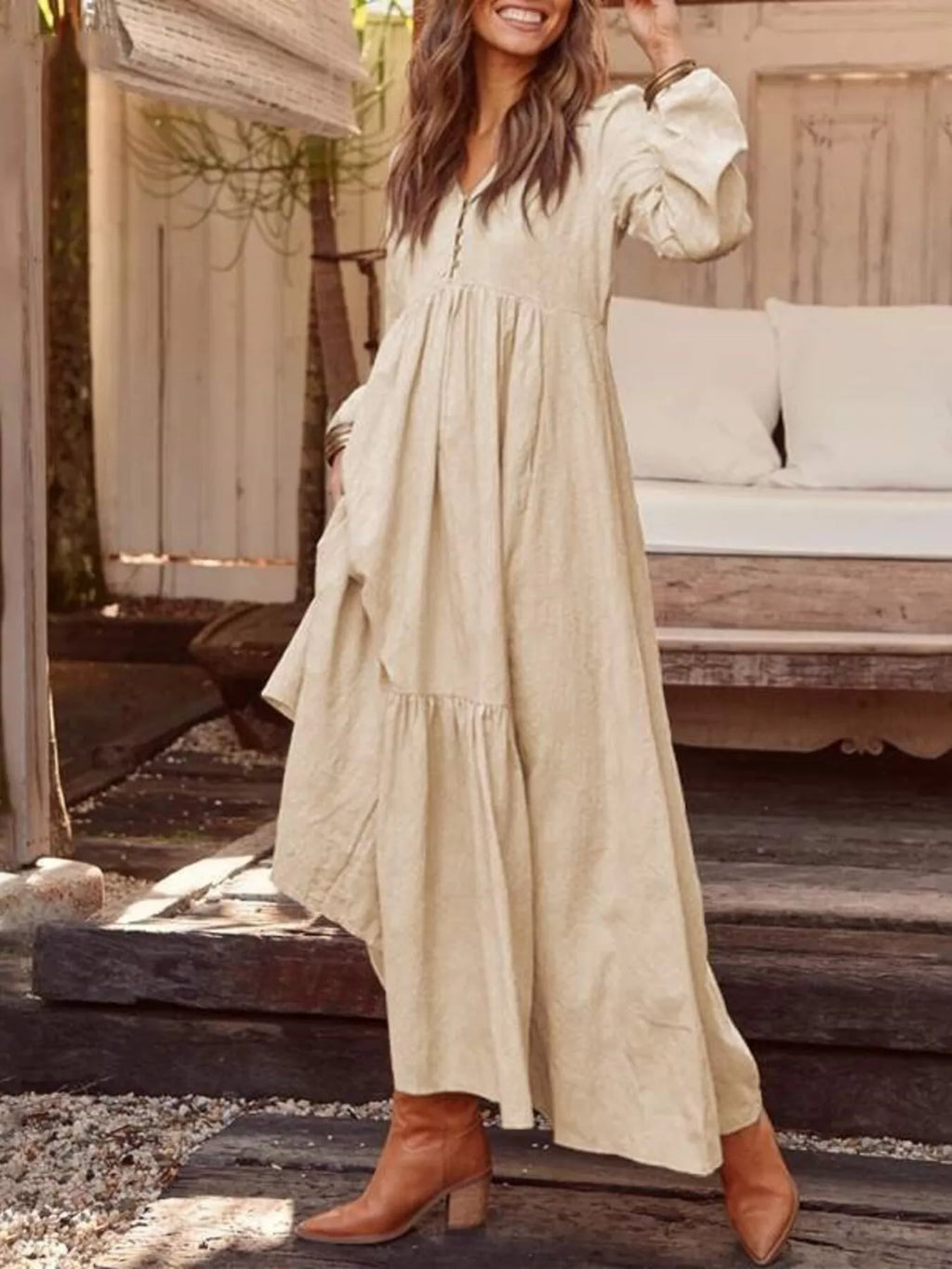 Full Size V-Neck Long Sleeve Tiered Maxi Dress with Pockets Plus Size - Lilixa.store