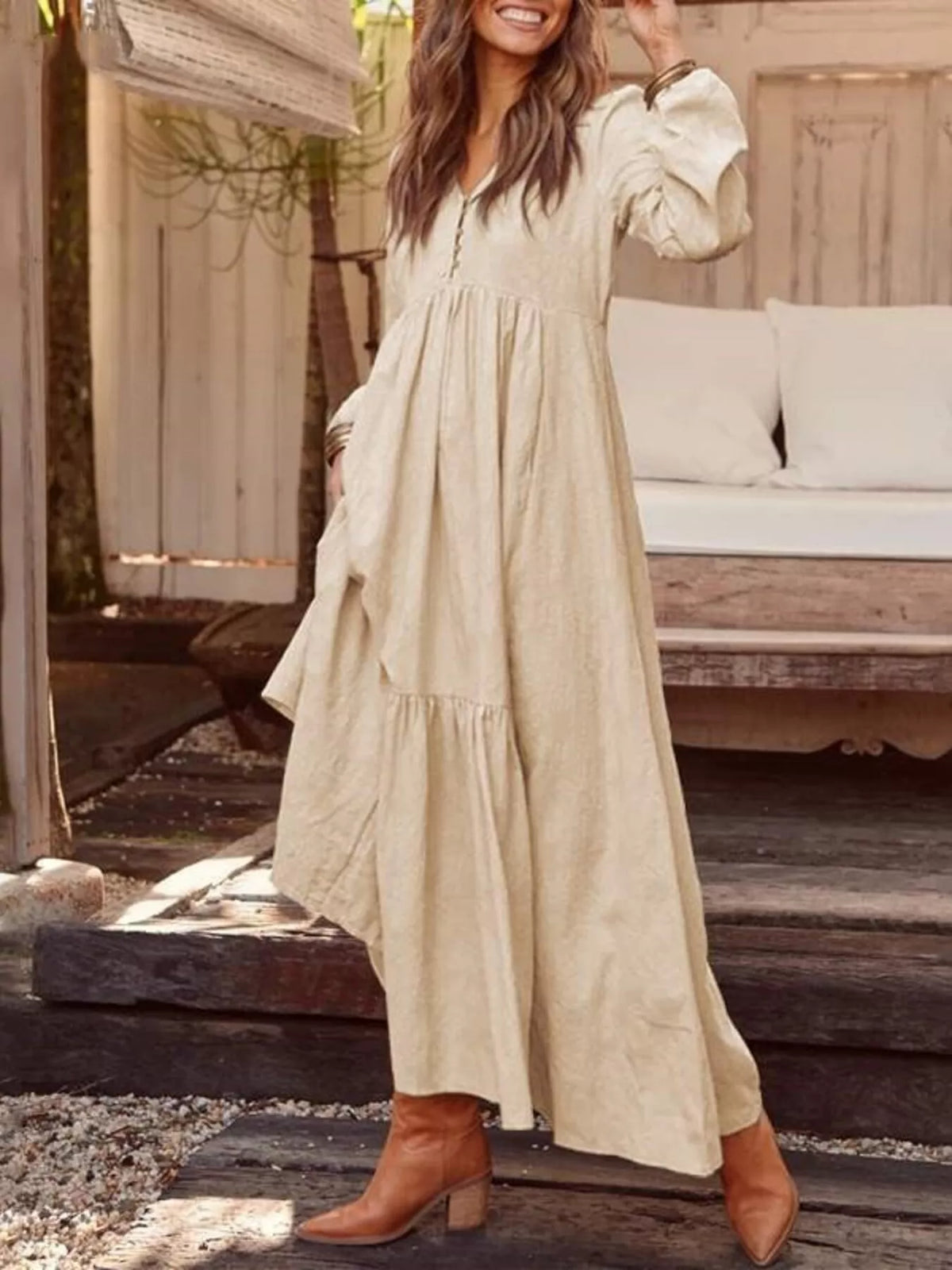 Full Size V-Neck Long Sleeve Tiered Maxi Dress with Pockets Plus Size - Lilixa.store