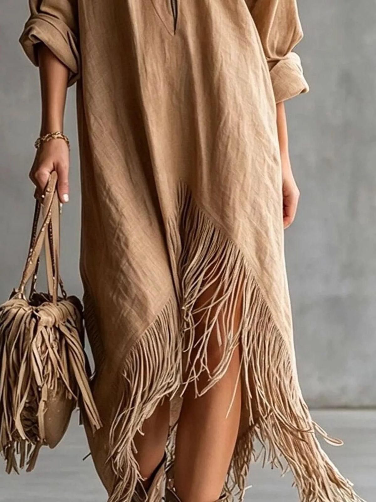 Zipper-Front Fringe Hem Midi Dress