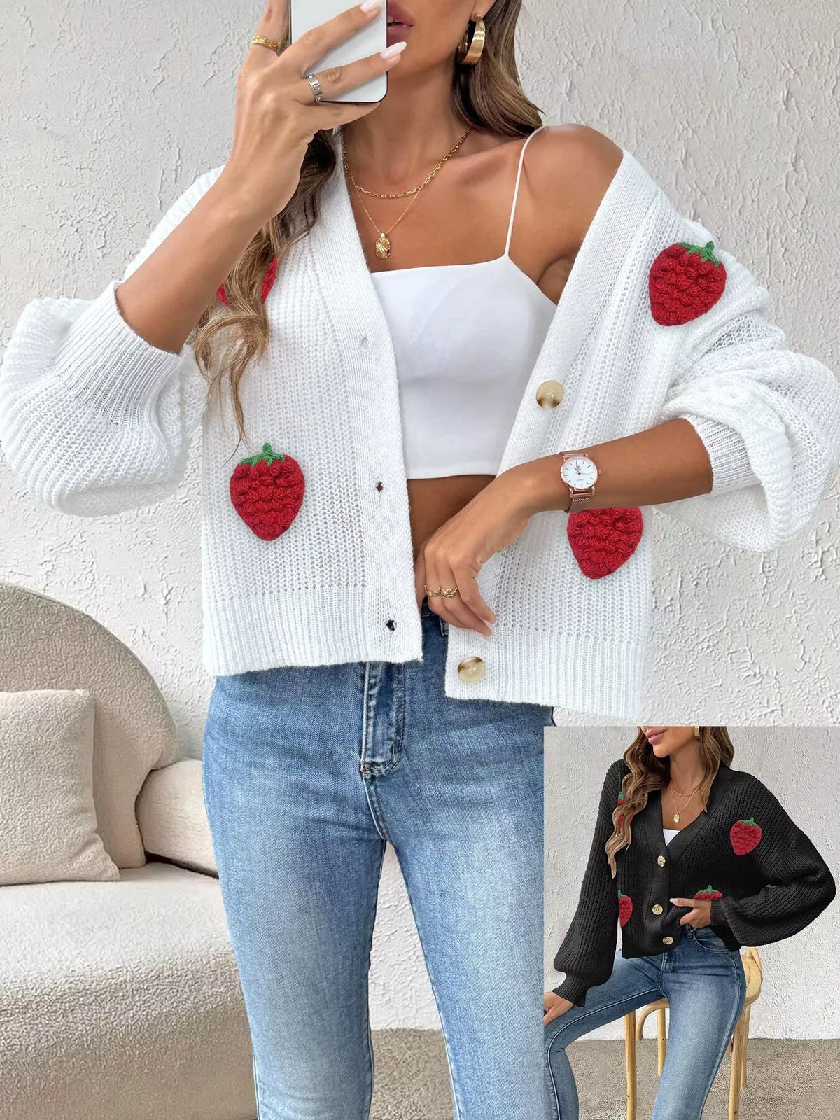 Strawberry Applique Button Up Cardigan - Lilixa.store