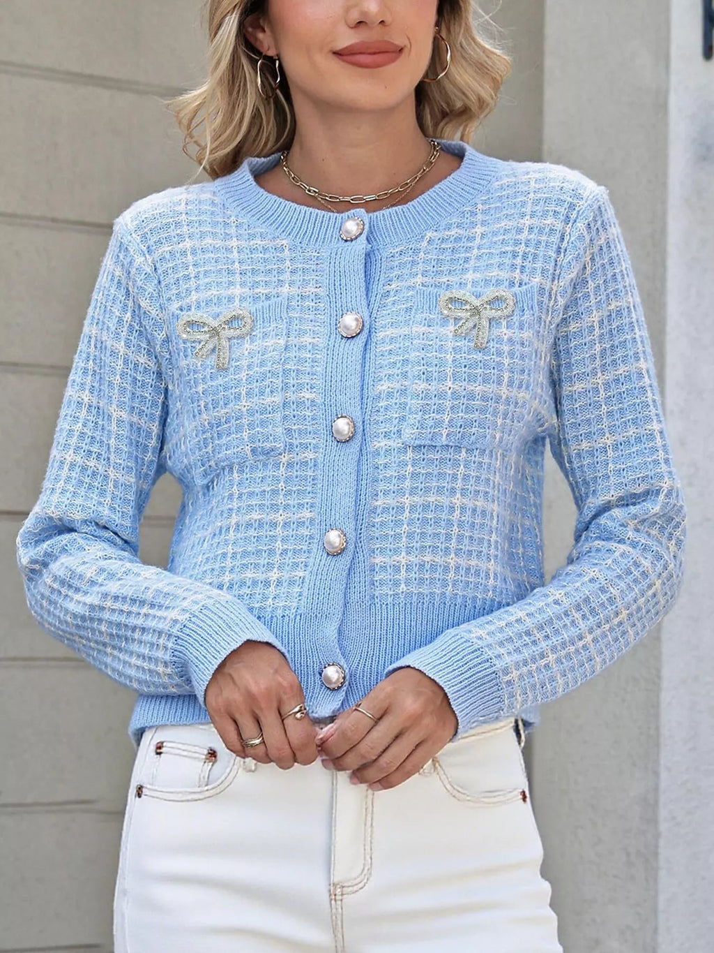 Tweed-Style Bow Button-Down Cardigan - Lilixa.store