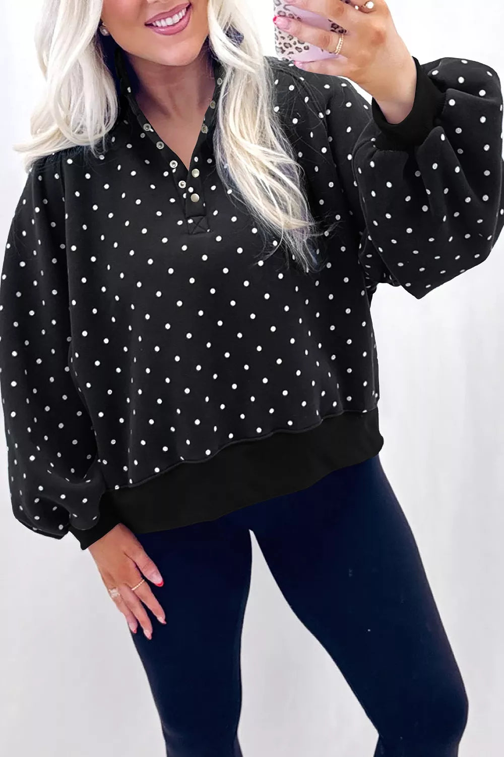 Polka Dot Snap-Button Sweatshirt - Lilixa.store